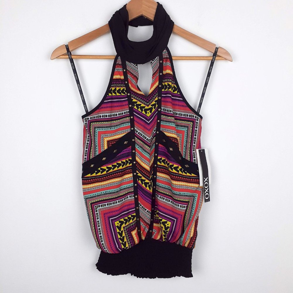 XOXO Tribal Aztec Halter Top Size S Multicolor Keyhole Front Geometric BOHO NWT